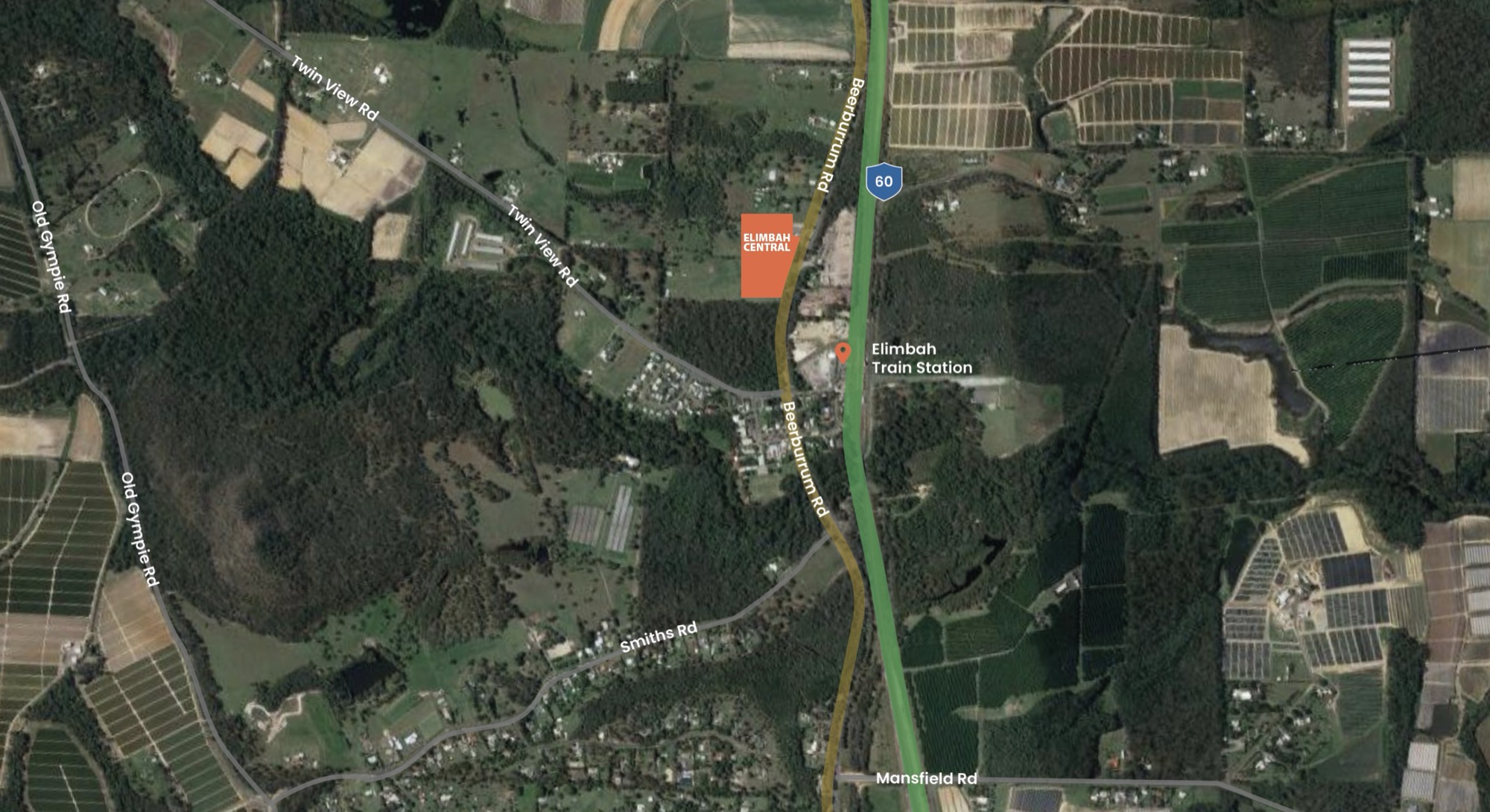 Map showing the Elimbah Central site on Beerburrum Road, north of Elimbah Train Station
